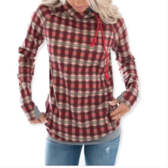 Ampersand Avenue Gray/Red Plaid Double Hood Hoodie Knit Sweatshirt - Picture 1 of 11